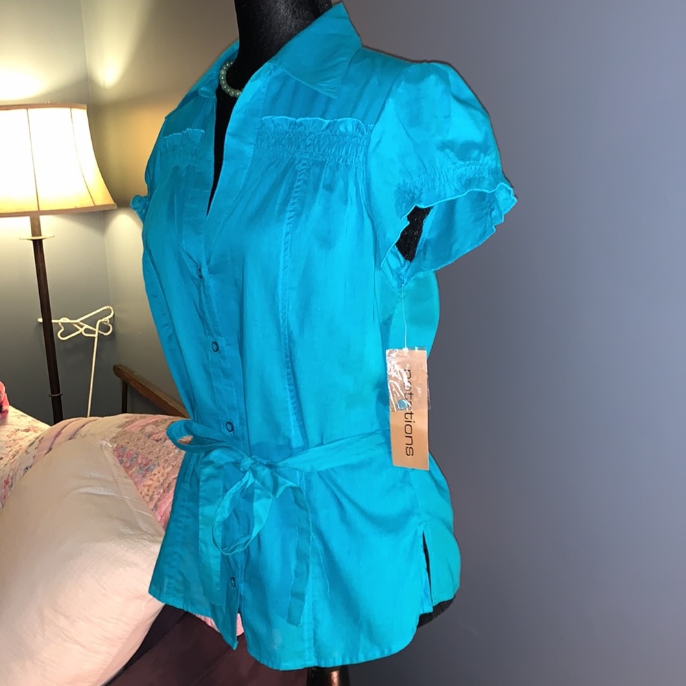 Nwt Notations Size S Teal Belted Button Down Blou… - image 4